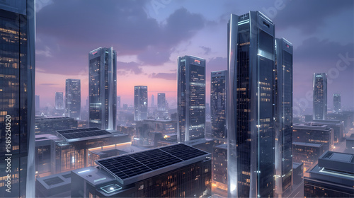 A stunning futuristic cityscape featuring sleek high-rise buildings with illuminated windows under a purple dusk sky, blending modern architecture with sci-fi elements and advanced urban development. 