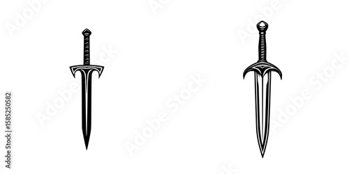Black sword icon design featuring two distinct styles in a minimalist presentation on a simple background