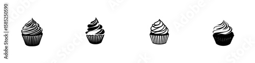 Four black icons of delicious cupcakes with swirled frosting, designed for decorative or branding purposes
