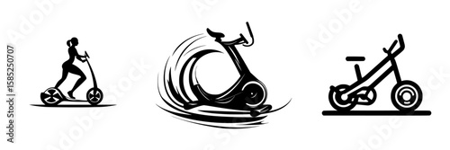 Dynamic black icon set depicting various types of urban transportation in motion and leisure activities