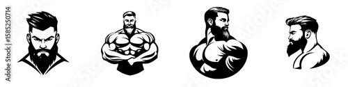 Various black icons illustrating muscular men with distinctive beards showcasing strength and confidence in stylized designs