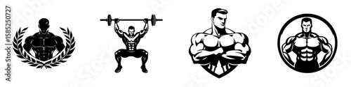 Strength training icons showcasing muscular figures in black for fitness and bodybuilding themes