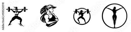 Diverse black icons representing female strength and fitness activities in a dynamic and modern style