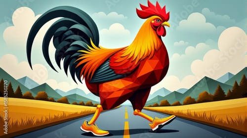 Stylized Rhode Island Red Rooster Wearing Sneakers Takes a Determined Stroll on a Linear Road Against a Modern Abstract Landscape