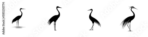 Black icon of various crane silhouettes showing different poses and stances in a minimalist design