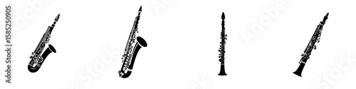 Musical instruments showcased in elegant black silhouettes on a white background