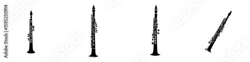 Black icon of musical instruments showcasing an oboe design in four action poses for artistic representation and visual clarity
