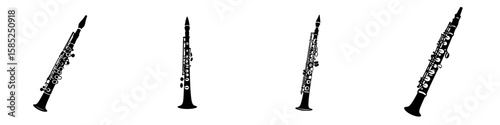 Various black icons of clarinets showcasing different angles and details for musical representation