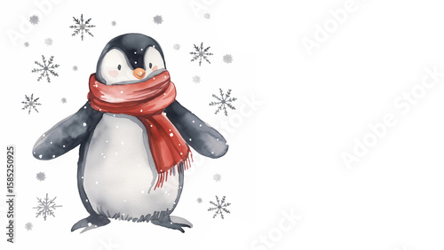 Cute cartoon animal, penguin in a red scarf, surrounded by falling snowflakes. Winter character for Christmas season, greeting card.