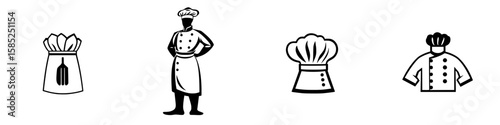 Culinary icons representing various aspects of a chef's attire and tools in a simple black design