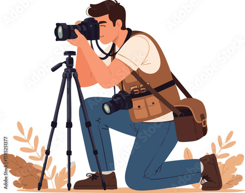 A photographer kneeling, focused on capturing a shot with a DSLR camera and tripod.