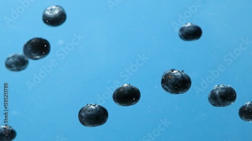 Slow Motion Drop of Blueberry into Clear Water with Air Bubbles.