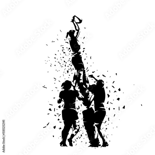 Rugby women, line-out. Lifters with jumper. Isolated vector silhouette with dispersion effect