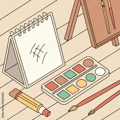 Isometric view of art supplies including a sketchpad easel paintbrushes and a watercolor palette