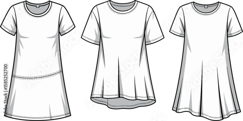 Women’s casual flared short sleeve dress collection front view, fashion flat sketch, sewing technical drawing, cad drawing flat vector illustration