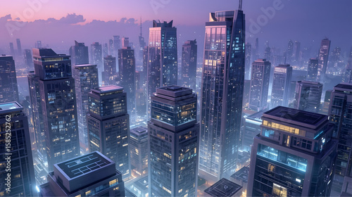A stunning futuristic cityscape featuring sleek high-rise buildings with illuminated windows under a purple dusk sky, blending modern architecture with sci-fi elements and advanced urban development. 