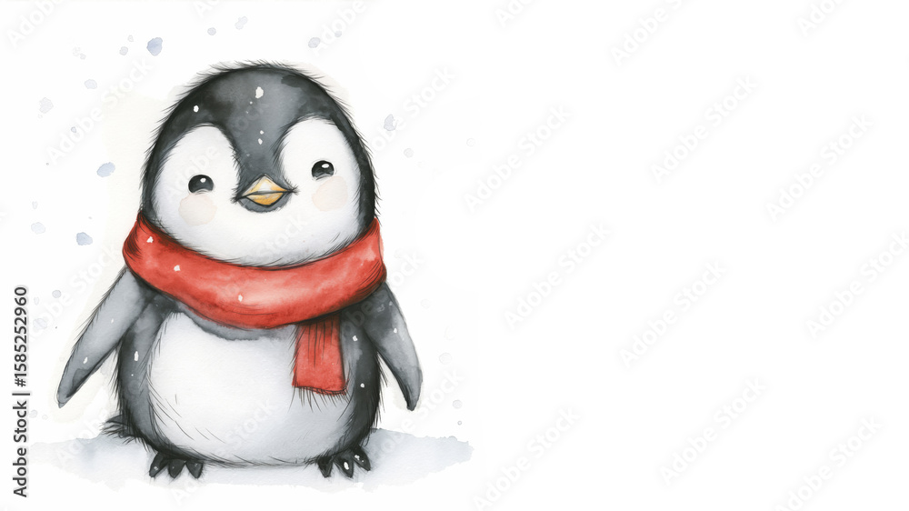 Fototapeta premium Cute baby penguin with red scarf stands on white snow falling. Winter holiday greeting card for Christmas and new year.