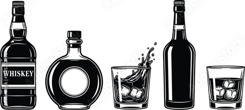 Black and white drawing of whiskey bottles and glasses filled with ice, perfect for distillery branding or vintage bar decor.