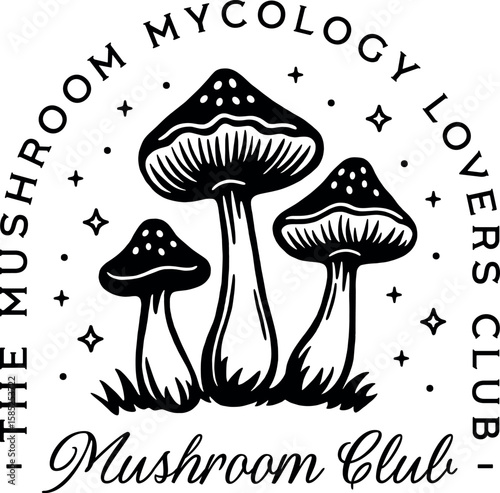 Mushroom mycology lovers club mycologist funny quotes girl shirt design witchy magical garden illustration. Witches squad retro whimsical magic aesthetic printable poster print badge sticker clipart.