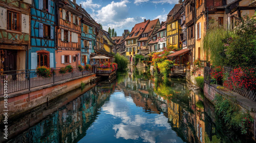 Obraz premium The historic streets of Colmarâ€™s Little Venice gleam with vividly decorated medieval facades, creating a storybook European scene