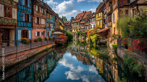 Fototapeta Naklejka Na Ścianę i Meble -  The historic streets of Colmarâ€™s Little Venice gleam with vividly decorated medieval facades, creating a storybook European scene