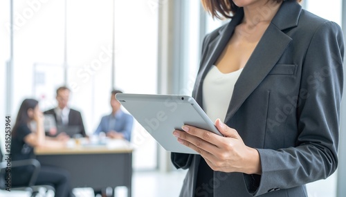 A confident woman in a tailored navy blazer and matching trousers stands, holding an iPad in one hand, with a modern office backdrop.