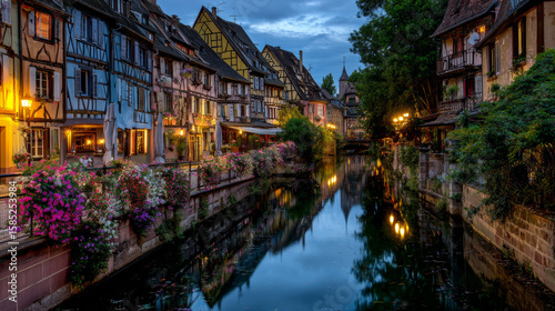 Fototapeta Naklejka Na Ścianę i Meble -  The historic streets of Colmarâ€™s Little Venice gleam with vividly decorated medieval facades, creating a storybook European scene