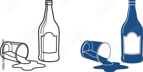 Illustration of a spilled drink and bottle presents an issue with alcohol consumption and potential mess, two styles.