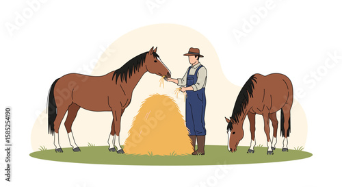 Farmer feeding hay to horses in a rural field on a sunny day