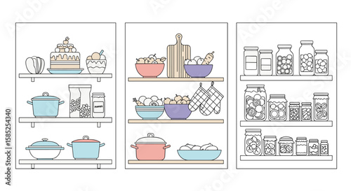 Arranged kitchen pantry shelves filled with jars containers and pots for organized home storage
