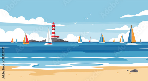 Sailing boats on the ocean with a lighthouse on a rocky island under a cloudy sky