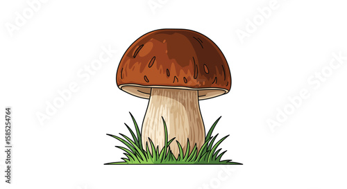 A detailed illustration of a porcini mushroom growing in lush green grass on a white background
