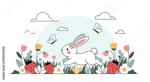 Adorable white bunny hops through a field of wildflowers and strawberries on a sunny day with butterflies fluttering above