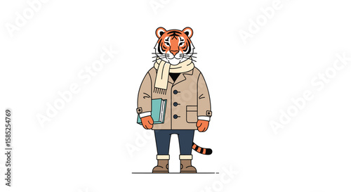A stylish tiger dressed for cold weather holding a book with determination