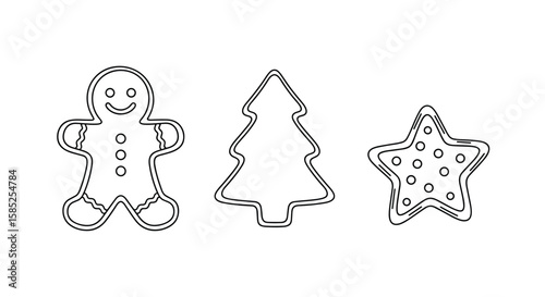 Three festive holiday cookie cutouts showing a gingerbread man a christmas tree and a star decorated with polka dots and frosting details