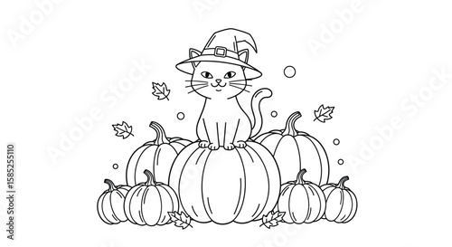 Adorable feline friend wearing a witch hat among pumpkins for halloween celebrations
