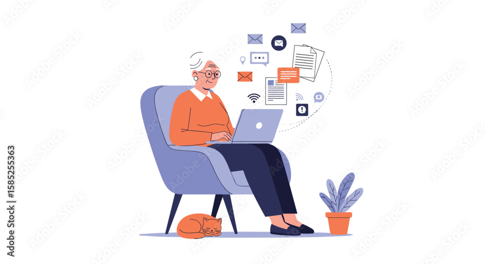 Fototapeta premium Senior person working on a laptop surrounded by digital icons representing communication and planning