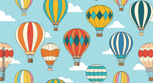 Vintage hot air balloons floating on a cloudy sky vintage retro travel adventure sky transportation illustration