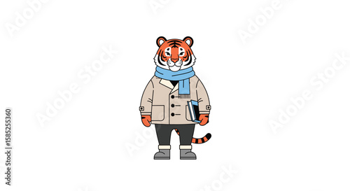 Charming tiger character dressed for winter adventure in cozy attire