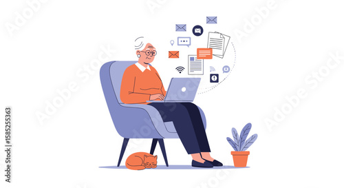 Senior person working on a laptop surrounded by digital icons representing communication and planning