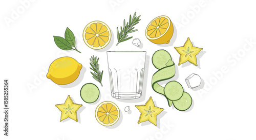 Refreshing summer beverage with fresh fruit and herb ingredients