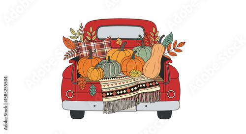 Autumn harvest red pickup truck filled with pumpkins gourds and leaves