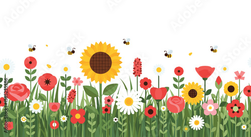 Charming summer meadow filled with blooming wildflowers and busy bees buzzing happily