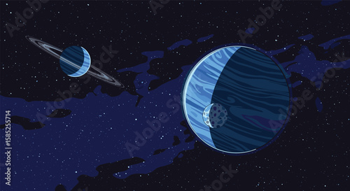 Vast cosmic expanse featuring ringed celestial body and striped giant planet with nebula clouds