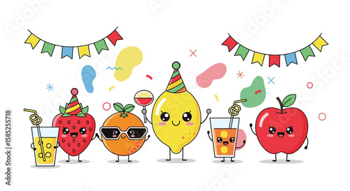 Joyful cartoon fruits celebrate with party hats and drinks a delightful gathering
