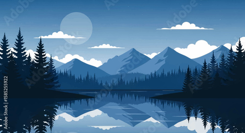 Tranquil Vector Flat Illustration of Monochromatic Blue and Gray Landscape with Reflective Lake, Silhouetted Evergreen Trees, Majestic Mountain Peaks, Large Moon, and Soft Clouds in Serene Minimal Sty