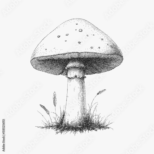 Mushroom on the grass. Classic stipple pen drawing with noisy pattern. Paper photocopy texture and threshold grain, retro underground prints.