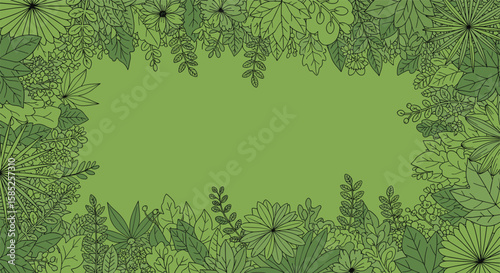 A textured frame of dark green trees surrounds a central pale green space