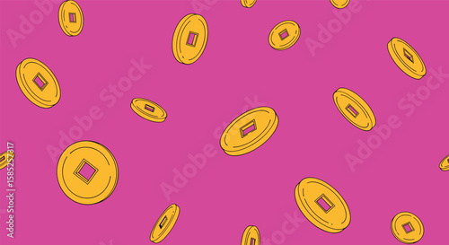 Lucky gold coins falling animation on a vibrant pink background