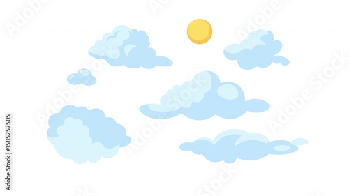 Sun and blue clouds floating in sky 2D cartoon object animation. Sunny cloudscape. Daytime summer weather sunlight. Bright day cloudy skyscape animated flat colorful item 4K video isolated on white